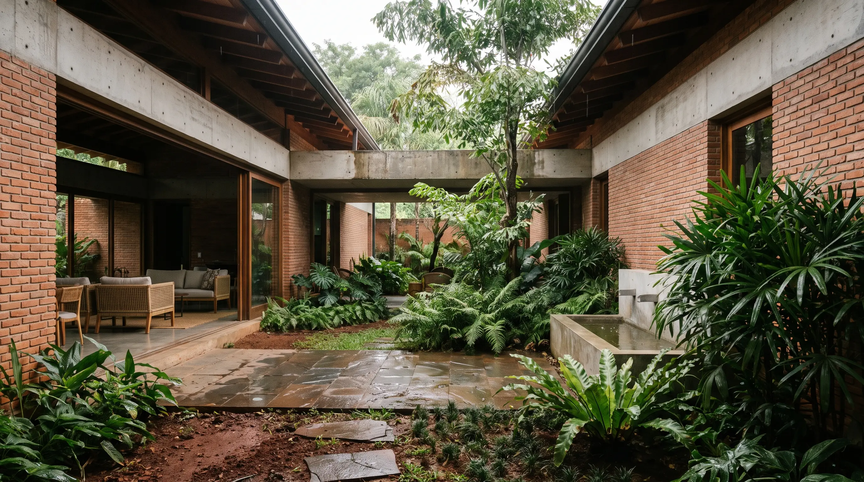 Patio conceptual con ladrillo, hormigón y vegetación subtropical